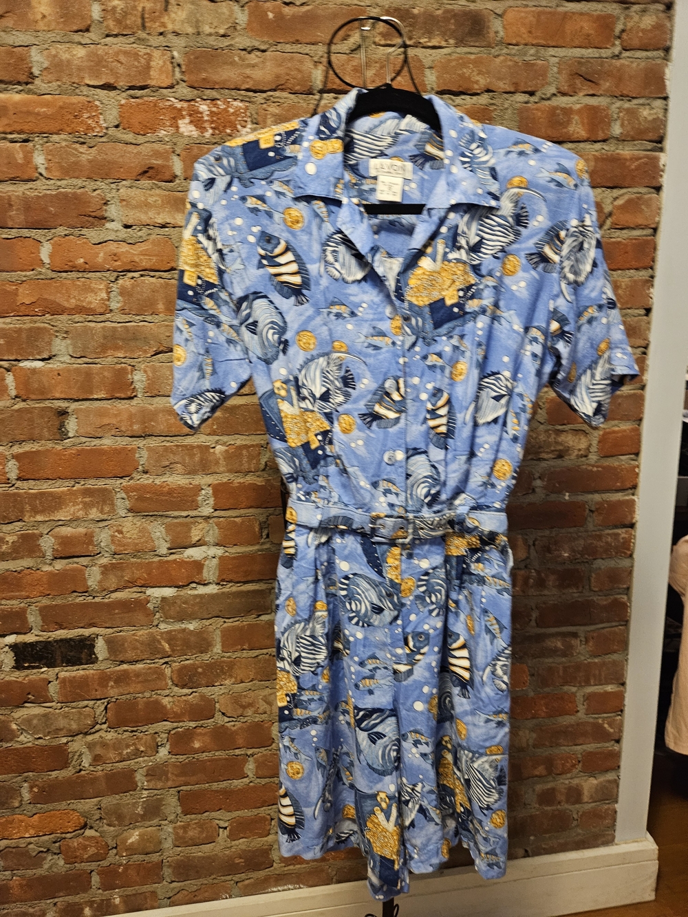Lavon Blue Short-Sleeve Romper with Yellow Fish Ocean Print Small